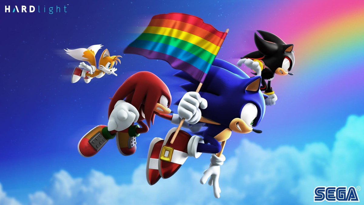 Sonic holding the pride flag with other characters, including Shadow, in the background