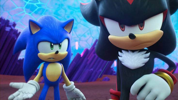 Shadow looking confused with Sonic in the background